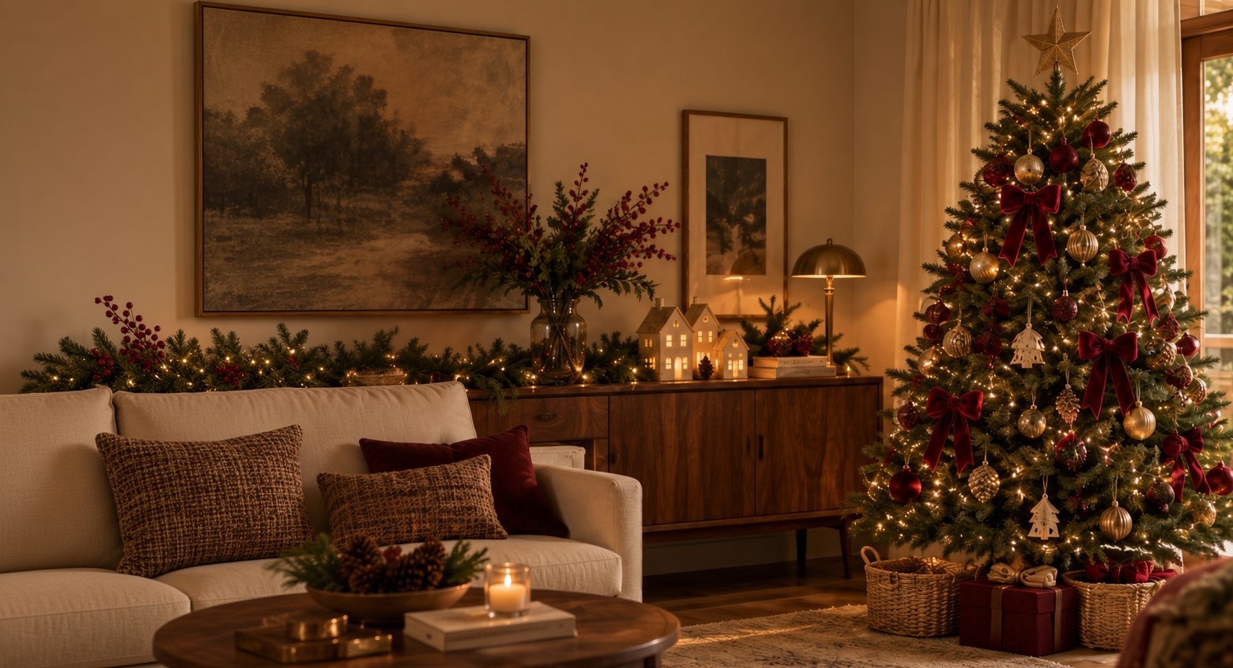 Sala decorada para o Natal, com árvore e luzes